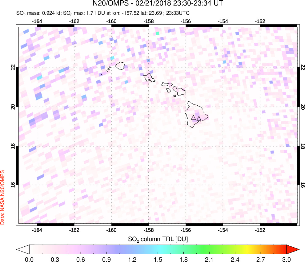 A sulfur dioxide image over Hawaii, USA on Feb 21, 2018.