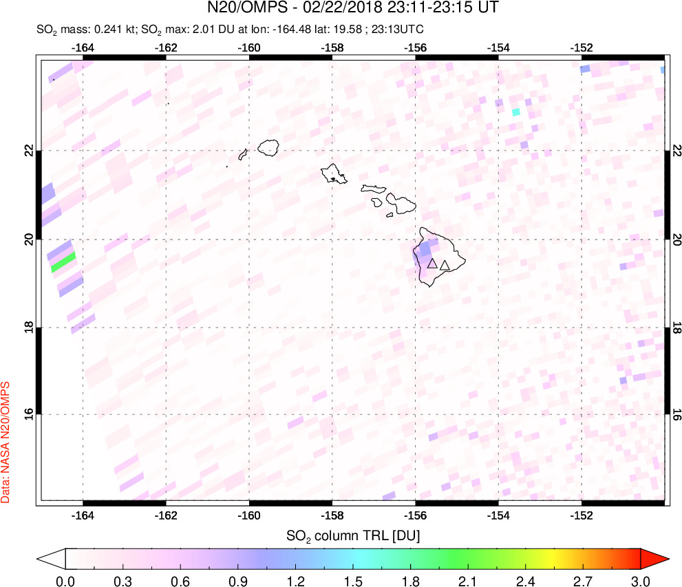 A sulfur dioxide image over Hawaii, USA on Feb 22, 2018.