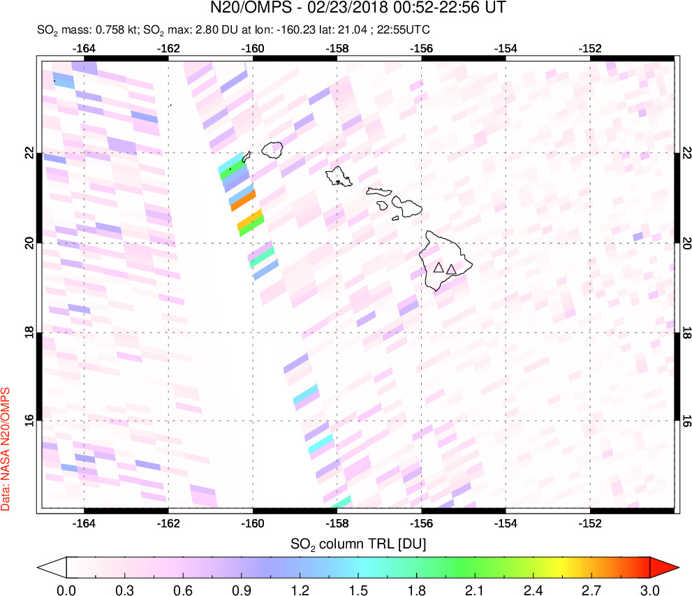 A sulfur dioxide image over Hawaii, USA on Feb 23, 2018.