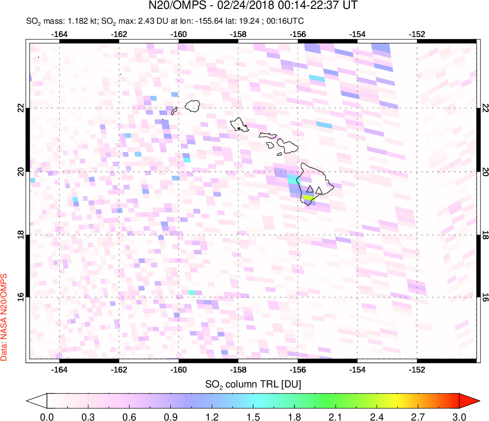 A sulfur dioxide image over Hawaii, USA on Feb 24, 2018.