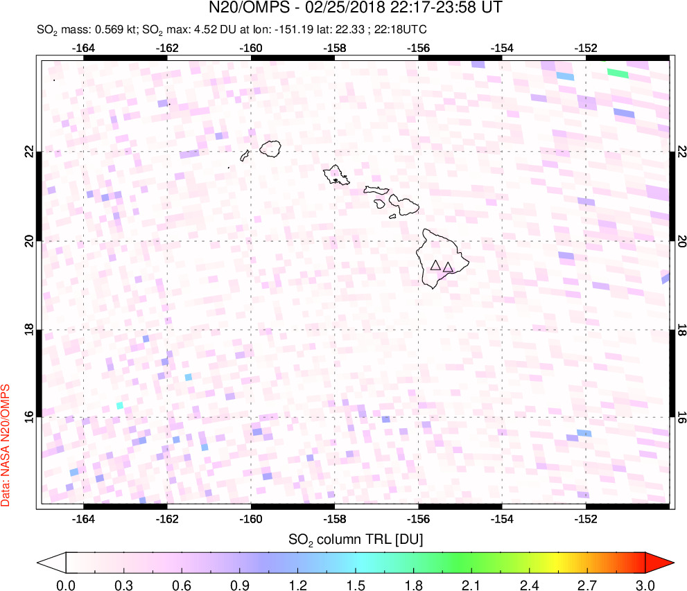 A sulfur dioxide image over Hawaii, USA on Feb 25, 2018.