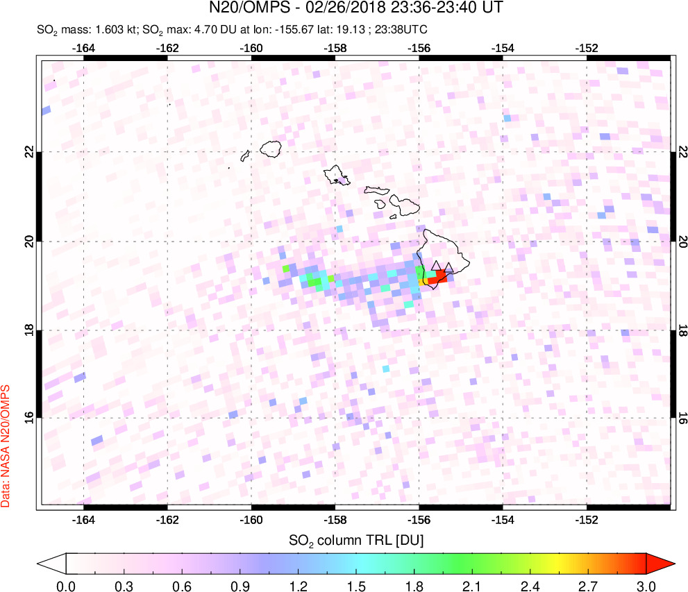 A sulfur dioxide image over Hawaii, USA on Feb 26, 2018.