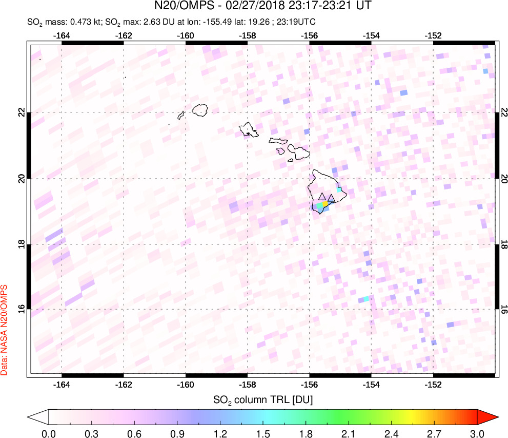 A sulfur dioxide image over Hawaii, USA on Feb 27, 2018.