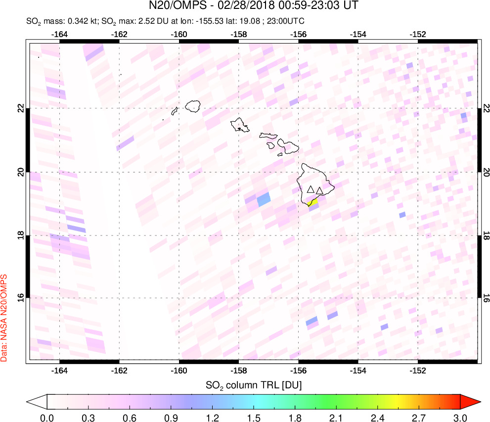 A sulfur dioxide image over Hawaii, USA on Feb 28, 2018.