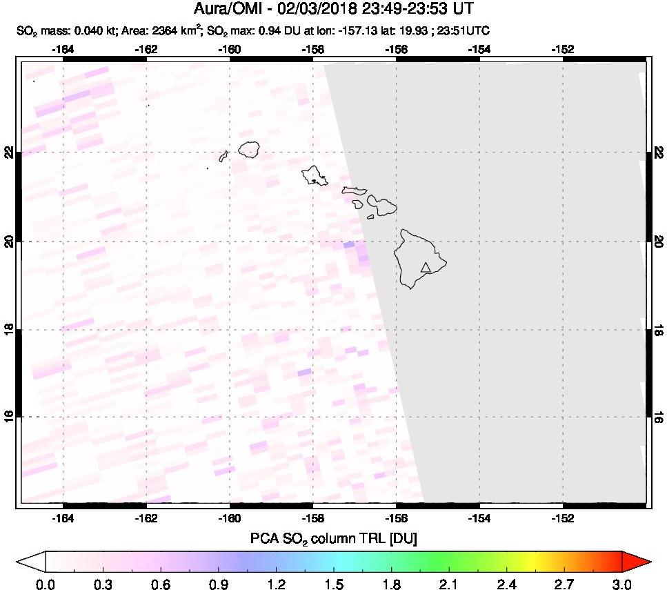 A sulfur dioxide image over Hawaii, USA on Feb 03, 2018.