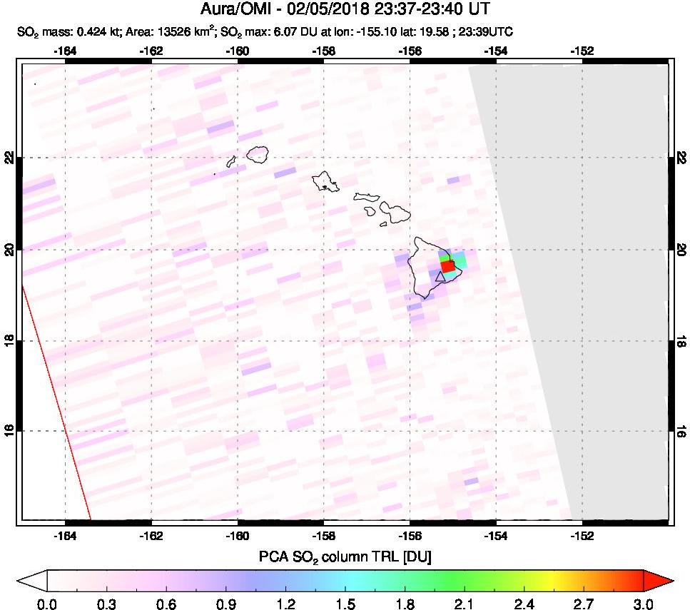 A sulfur dioxide image over Hawaii, USA on Feb 05, 2018.