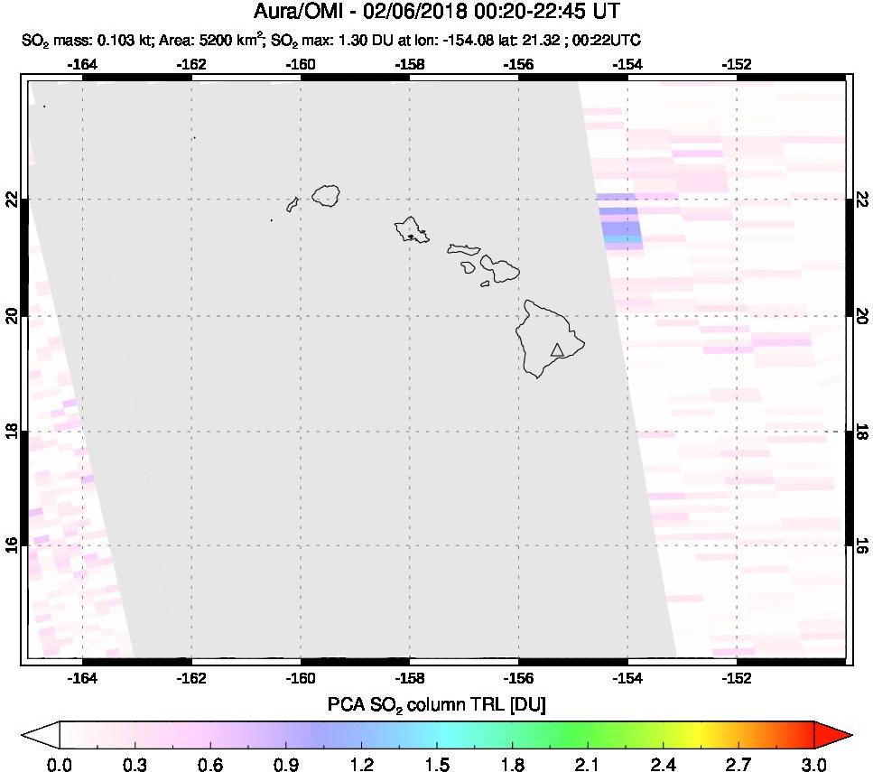 A sulfur dioxide image over Hawaii, USA on Feb 06, 2018.