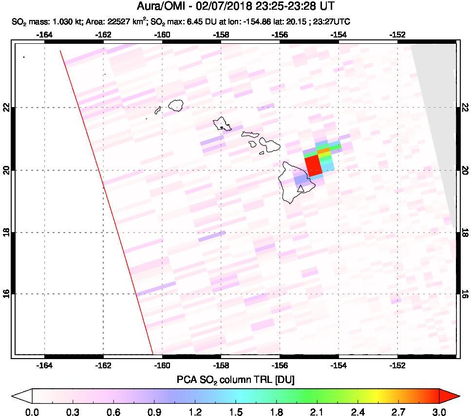 A sulfur dioxide image over Hawaii, USA on Feb 07, 2018.