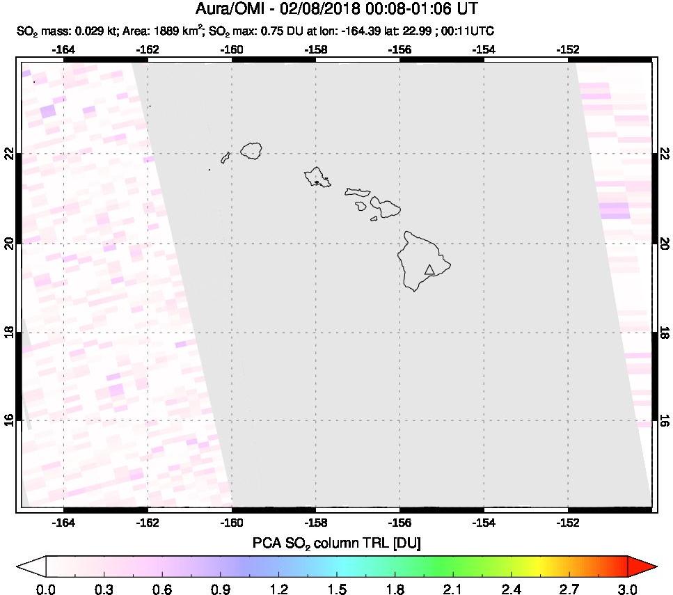 A sulfur dioxide image over Hawaii, USA on Feb 08, 2018.
