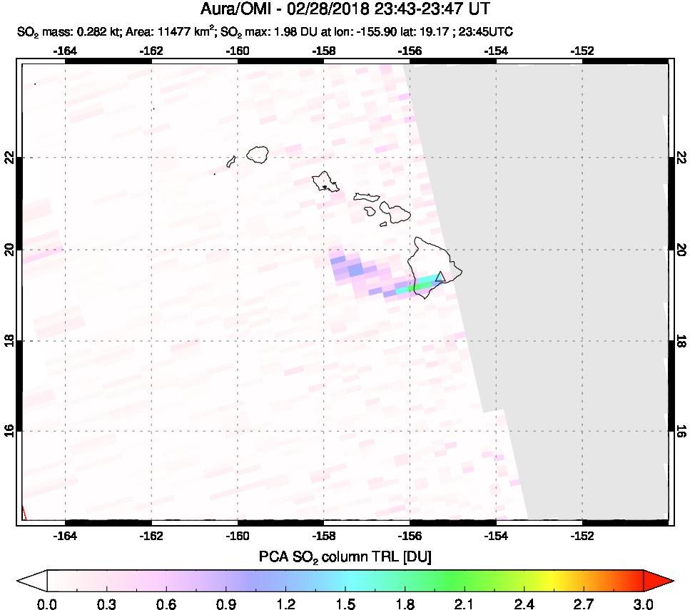 A sulfur dioxide image over Hawaii, USA on Feb 28, 2018.