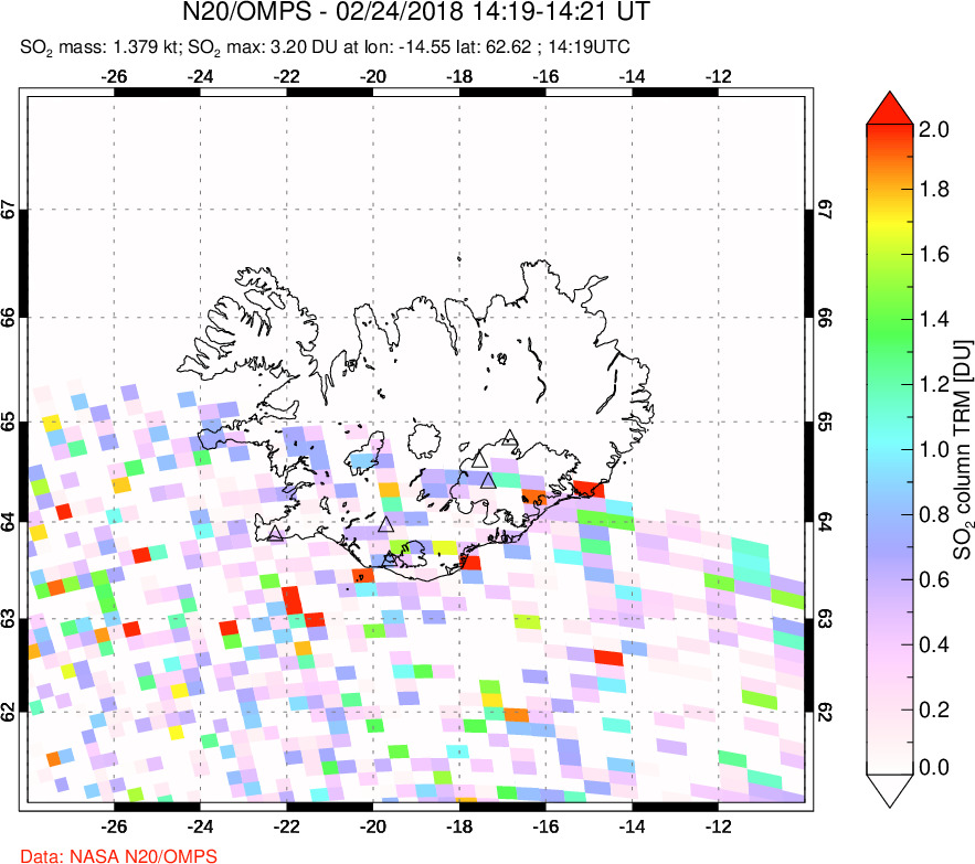 A sulfur dioxide image over Iceland on Feb 24, 2018.