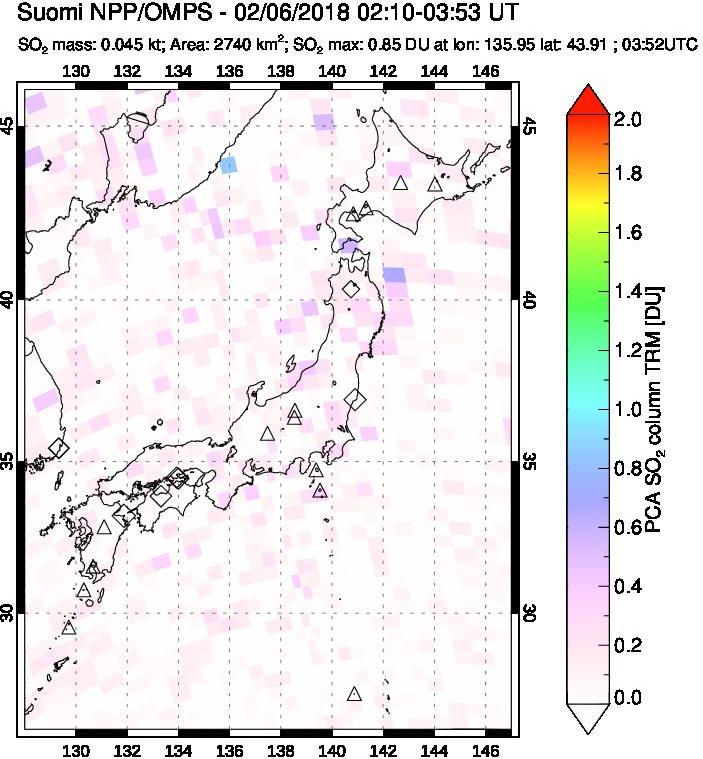 A sulfur dioxide image over Japan on Feb 06, 2018.