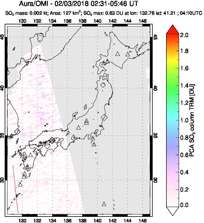 A sulfur dioxide image over Japan on Feb 03, 2018.