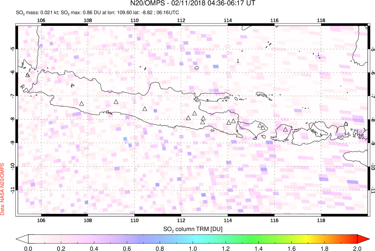 A sulfur dioxide image over Java, Indonesia on Feb 11, 2018.