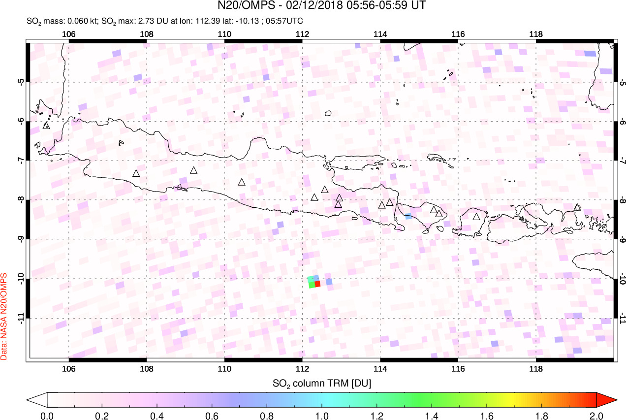 A sulfur dioxide image over Java, Indonesia on Feb 12, 2018.
