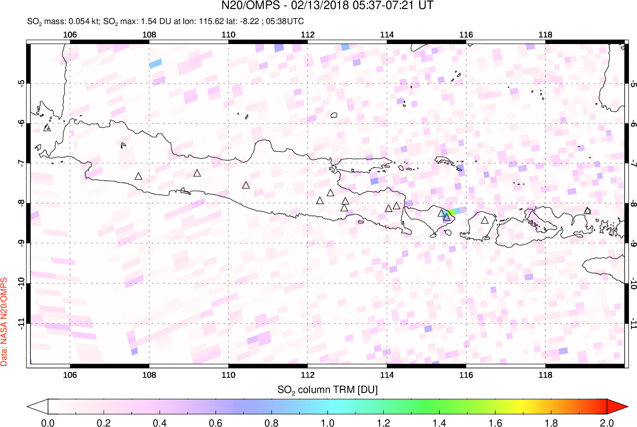 A sulfur dioxide image over Java, Indonesia on Feb 13, 2018.