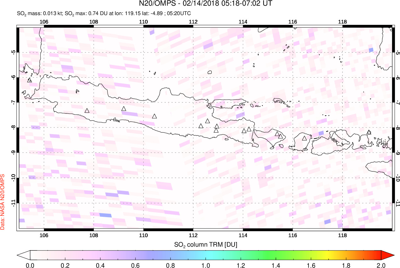 A sulfur dioxide image over Java, Indonesia on Feb 14, 2018.