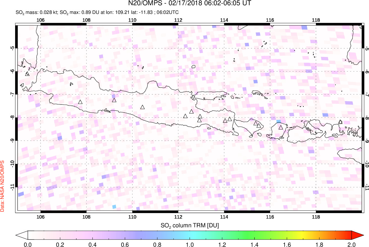A sulfur dioxide image over Java, Indonesia on Feb 17, 2018.
