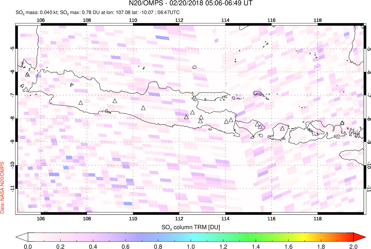 A sulfur dioxide image over Java, Indonesia on Feb 20, 2018.