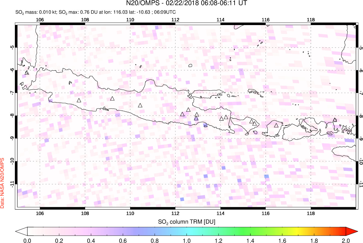 A sulfur dioxide image over Java, Indonesia on Feb 22, 2018.