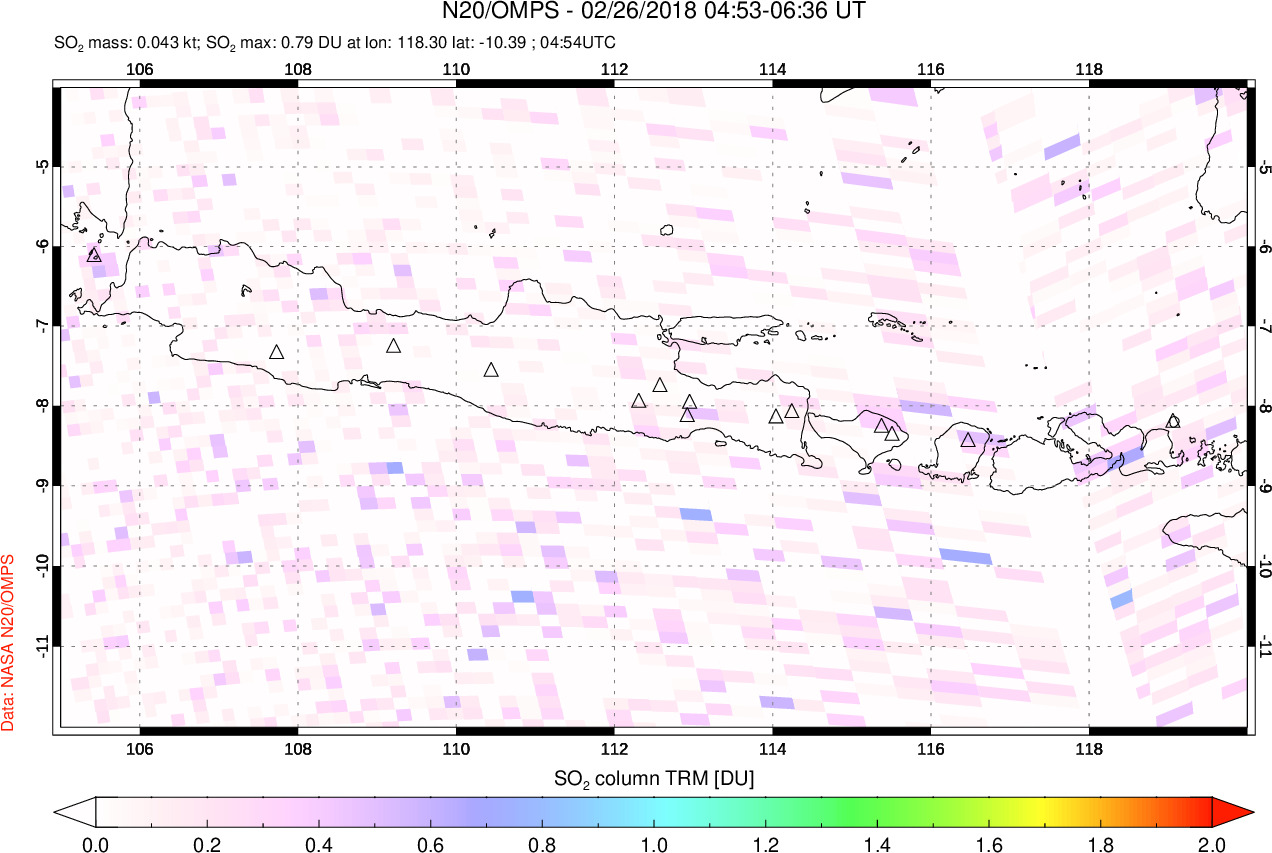A sulfur dioxide image over Java, Indonesia on Feb 26, 2018.