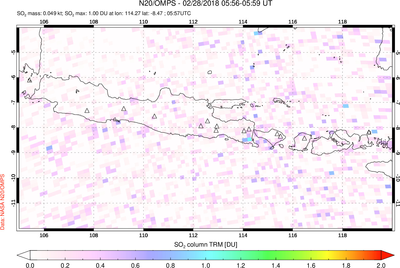 A sulfur dioxide image over Java, Indonesia on Feb 28, 2018.