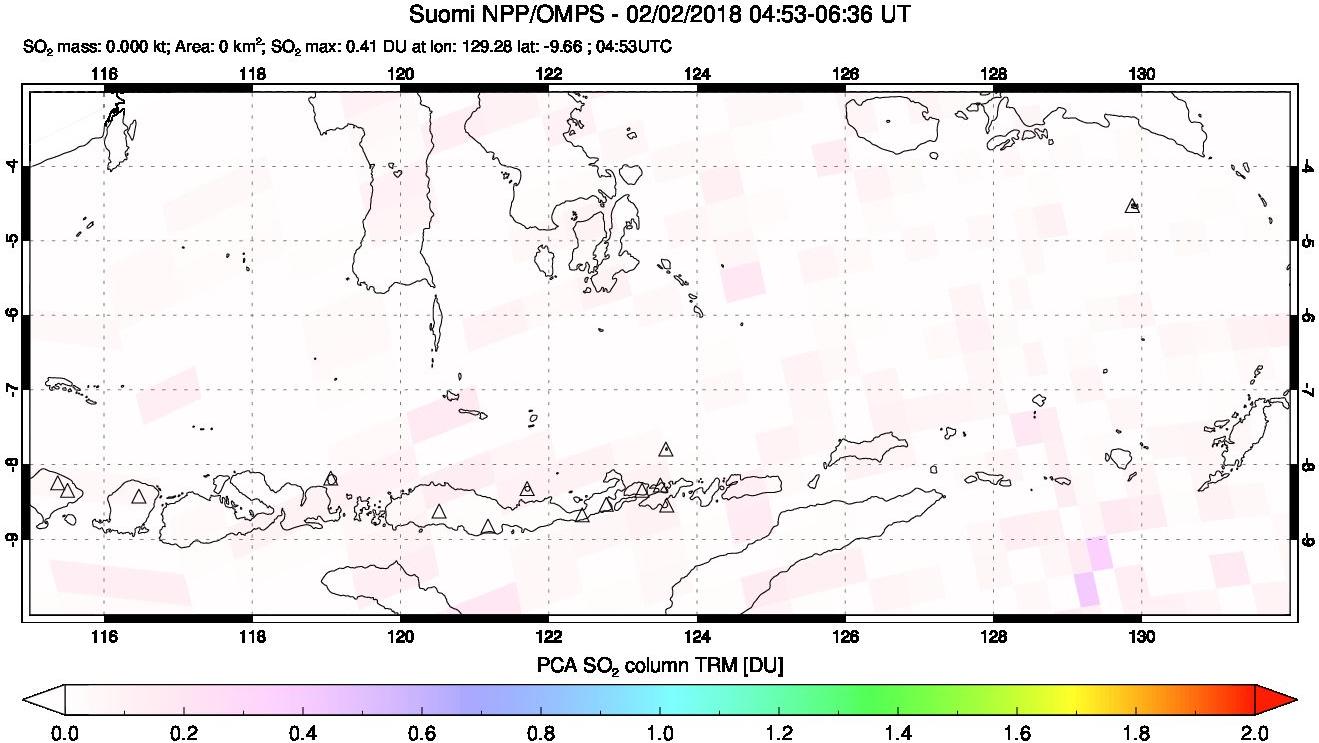 A sulfur dioxide image over Lesser Sunda Islands, Indonesia on Feb 02, 2018.