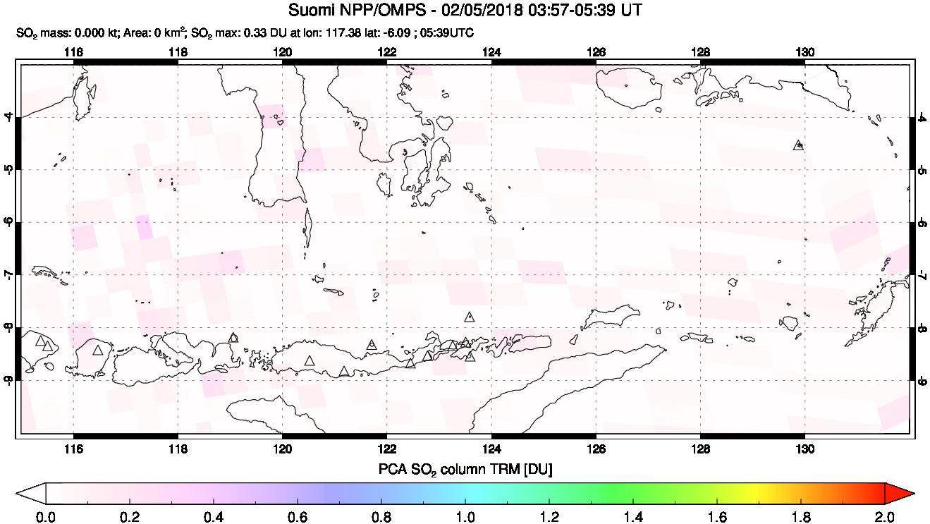 A sulfur dioxide image over Lesser Sunda Islands, Indonesia on Feb 05, 2018.