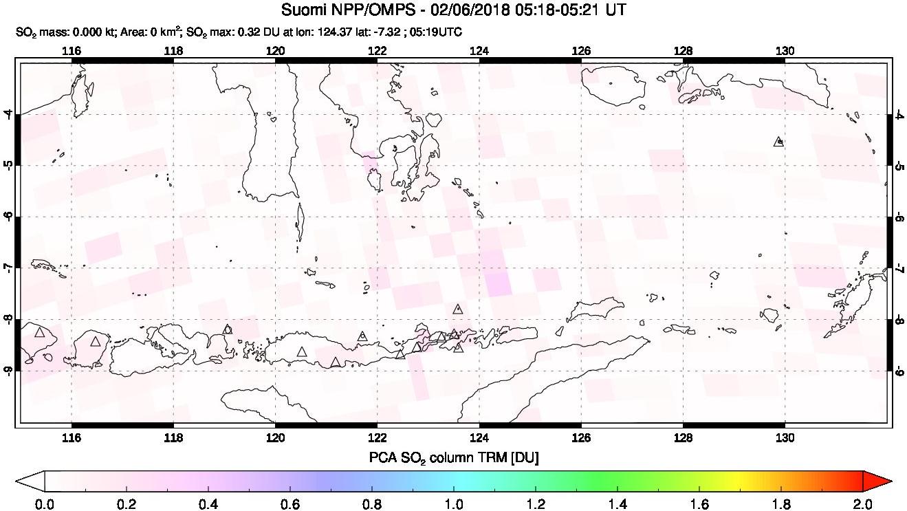 A sulfur dioxide image over Lesser Sunda Islands, Indonesia on Feb 06, 2018.