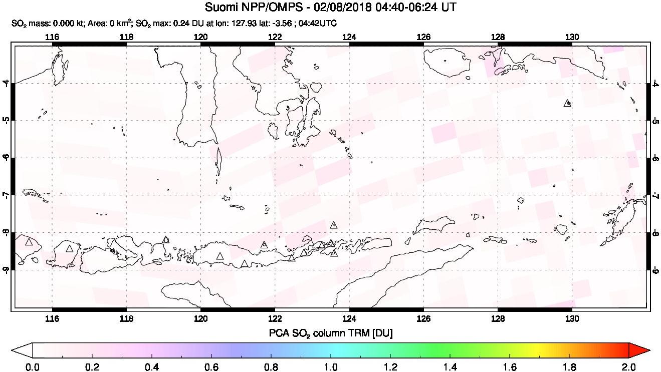 A sulfur dioxide image over Lesser Sunda Islands, Indonesia on Feb 08, 2018.