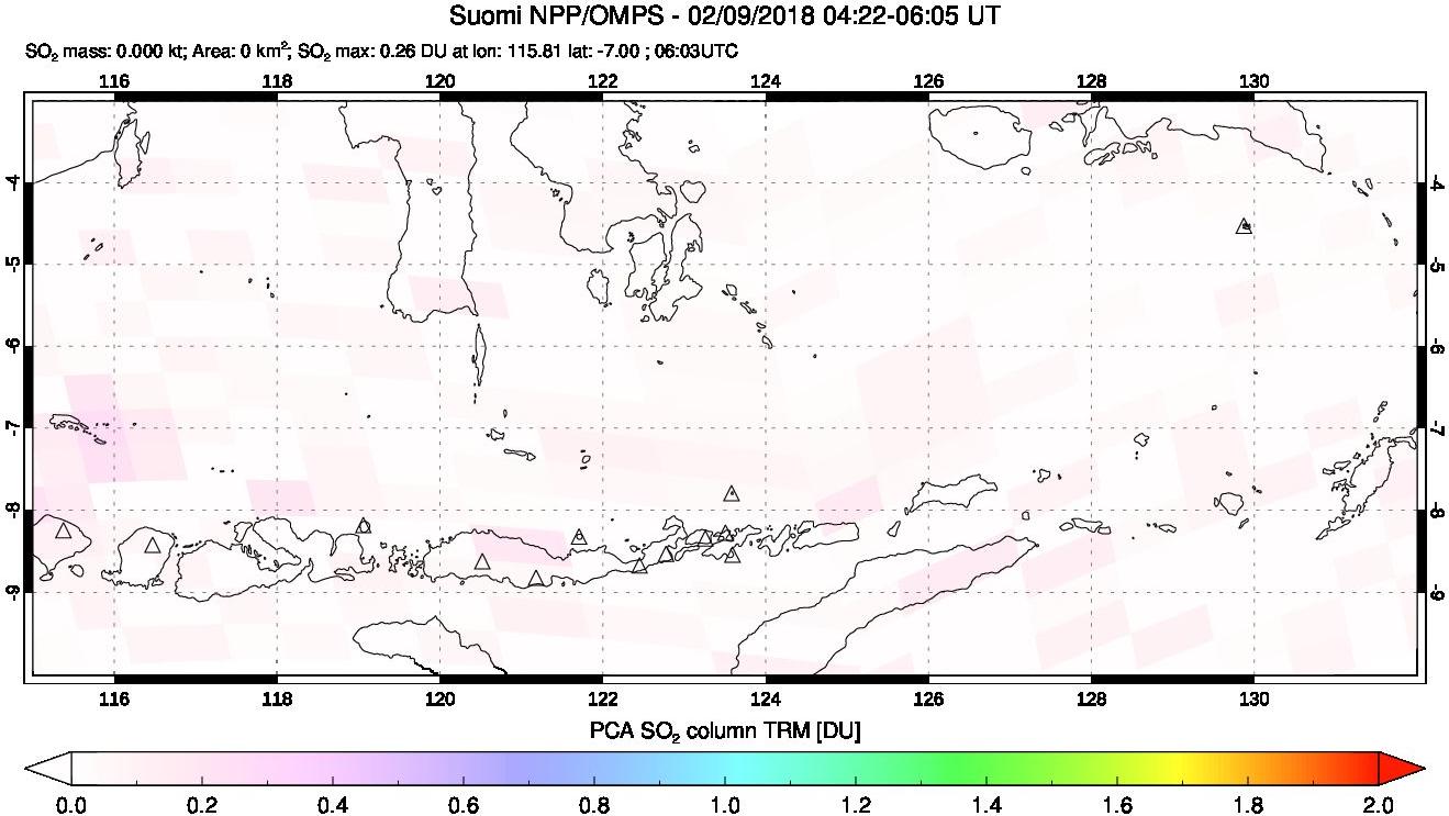 A sulfur dioxide image over Lesser Sunda Islands, Indonesia on Feb 09, 2018.