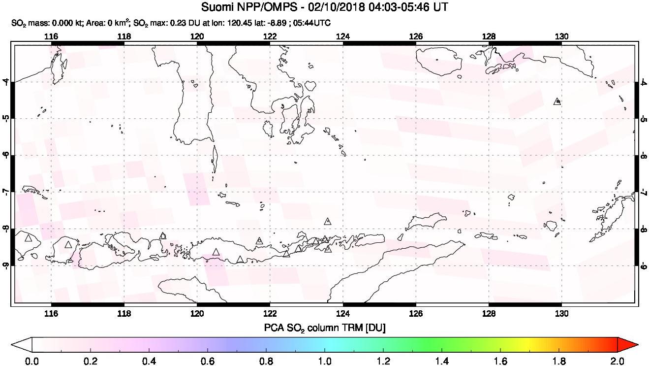 A sulfur dioxide image over Lesser Sunda Islands, Indonesia on Feb 10, 2018.