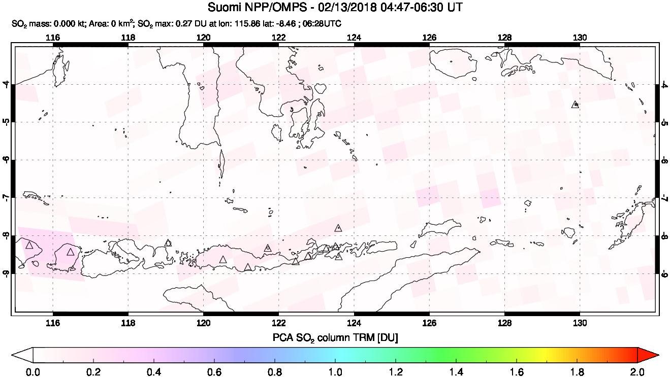 A sulfur dioxide image over Lesser Sunda Islands, Indonesia on Feb 13, 2018.