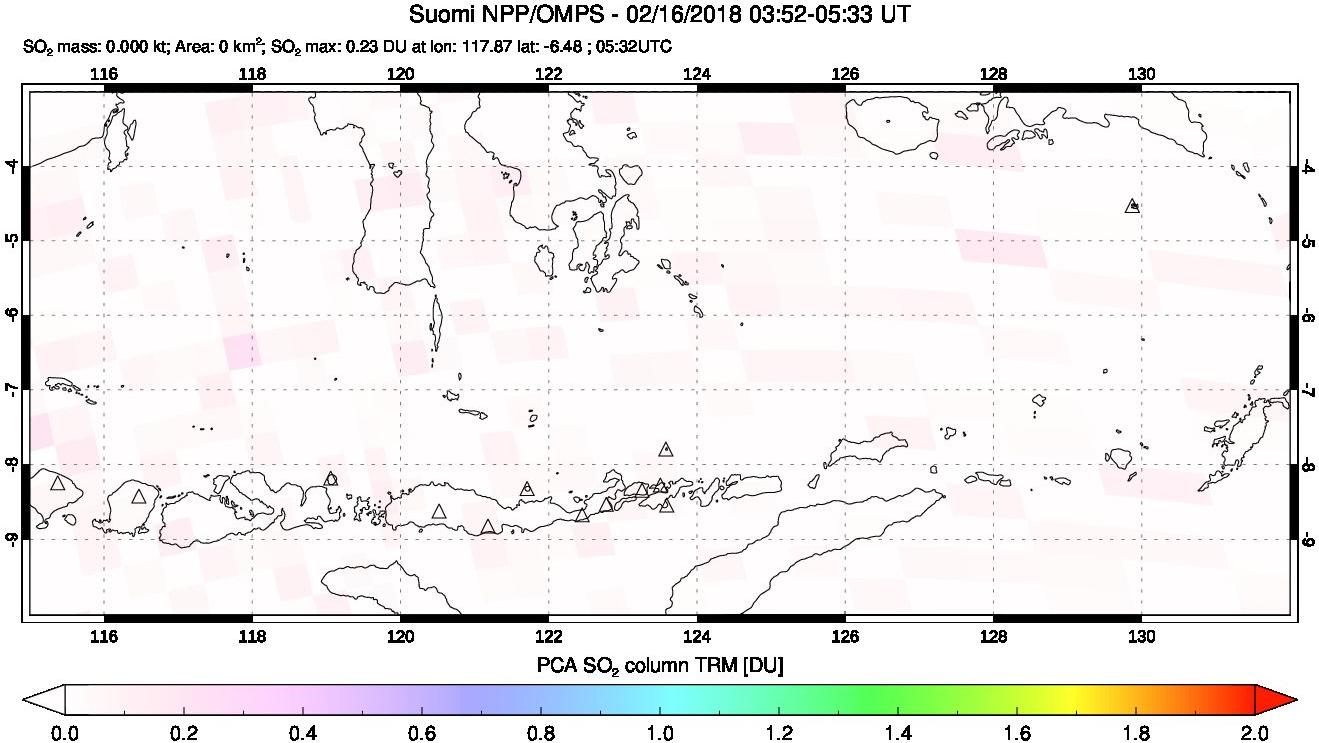 A sulfur dioxide image over Lesser Sunda Islands, Indonesia on Feb 16, 2018.