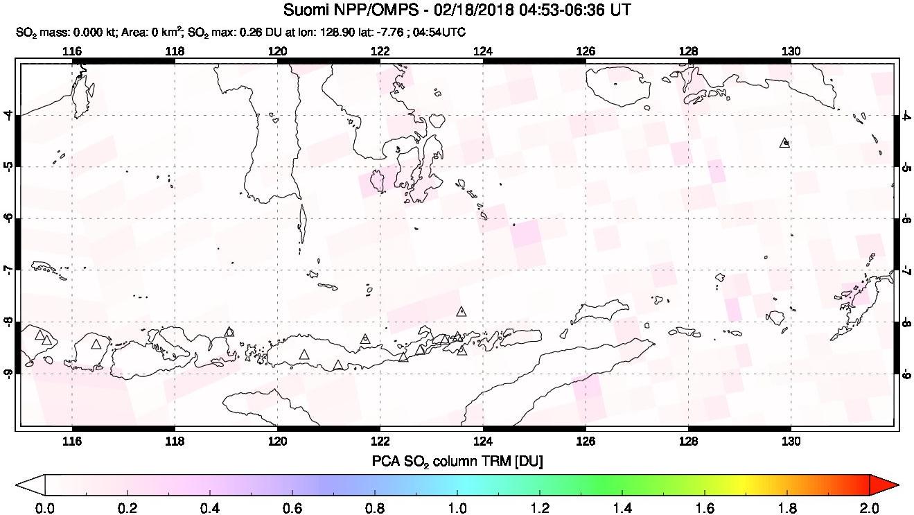 A sulfur dioxide image over Lesser Sunda Islands, Indonesia on Feb 18, 2018.