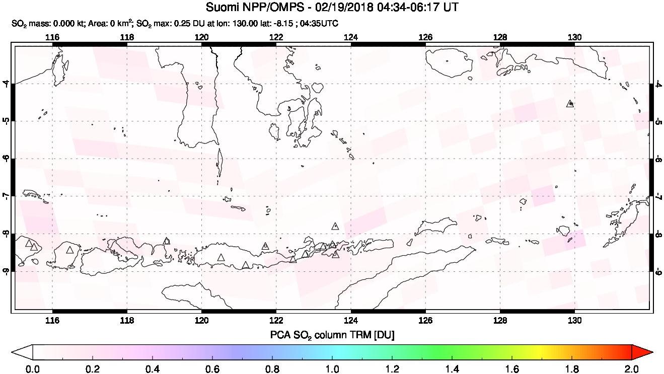 A sulfur dioxide image over Lesser Sunda Islands, Indonesia on Feb 19, 2018.
