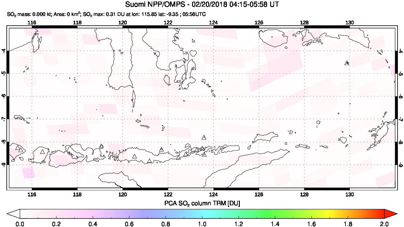 A sulfur dioxide image over Lesser Sunda Islands, Indonesia on Feb 20, 2018.