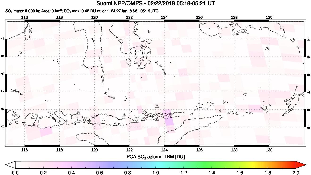 A sulfur dioxide image over Lesser Sunda Islands, Indonesia on Feb 22, 2018.