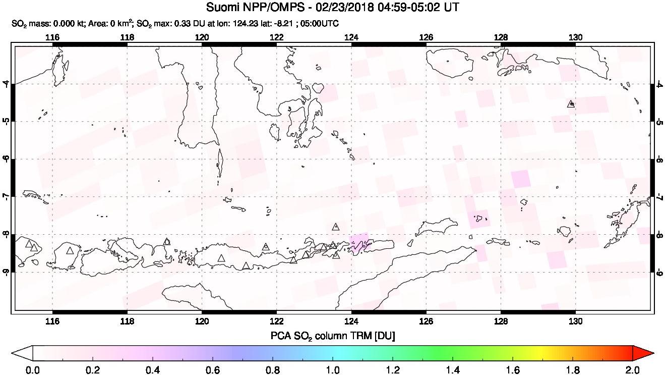 A sulfur dioxide image over Lesser Sunda Islands, Indonesia on Feb 23, 2018.