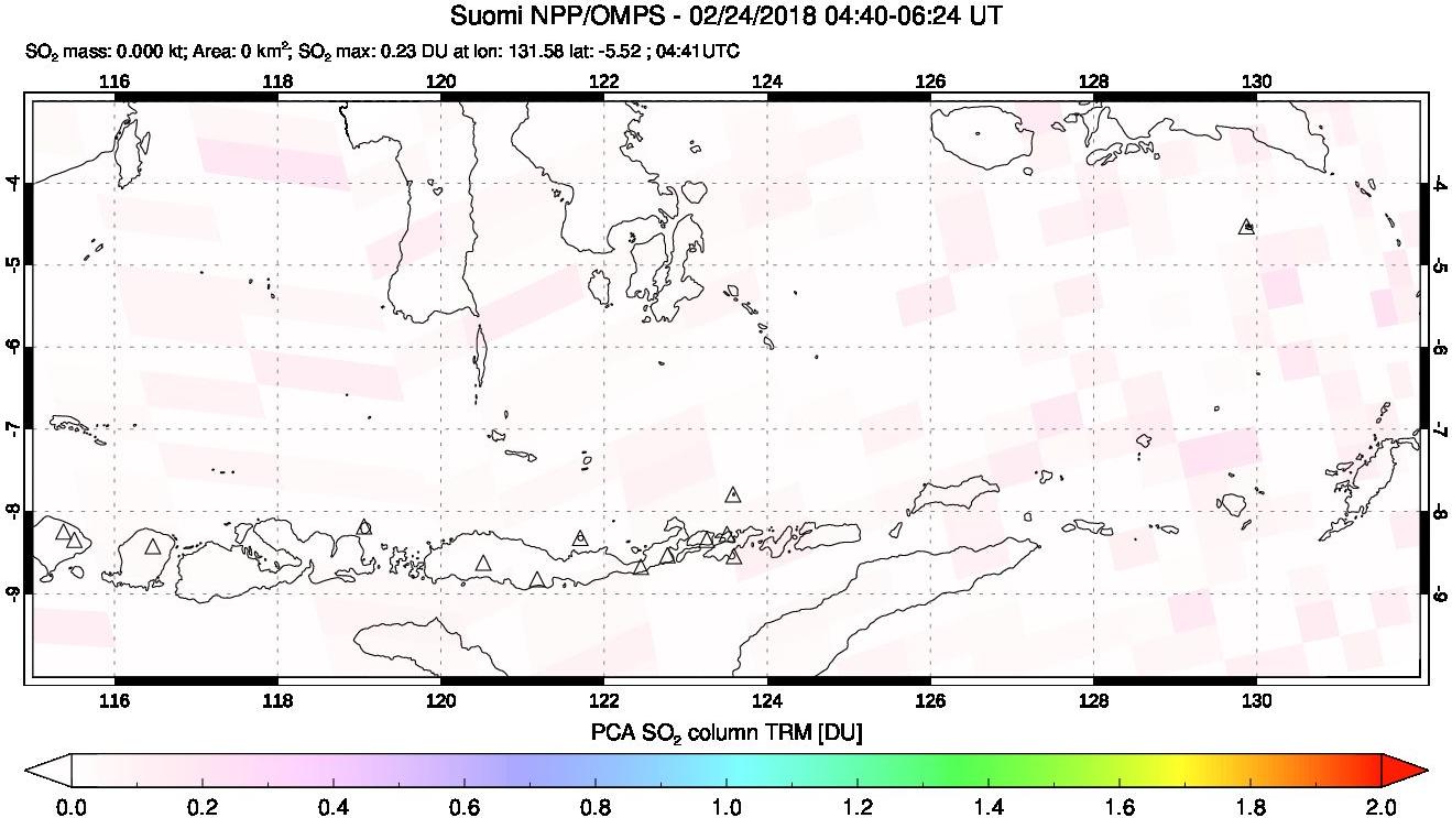 A sulfur dioxide image over Lesser Sunda Islands, Indonesia on Feb 24, 2018.
