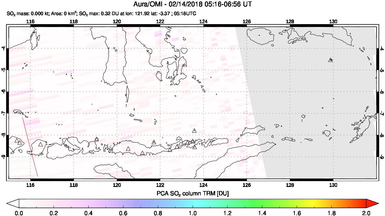 A sulfur dioxide image over Lesser Sunda Islands, Indonesia on Feb 14, 2018.