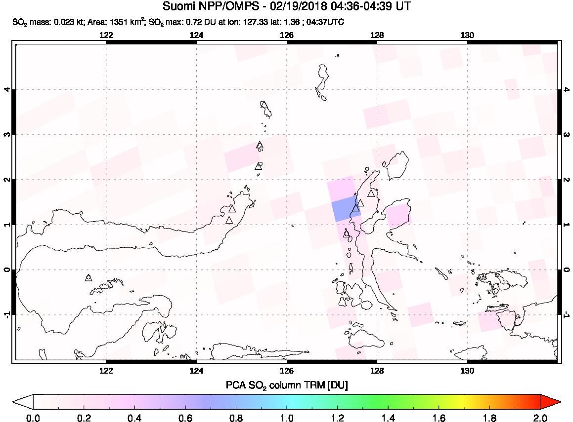 A sulfur dioxide image over Northern Sulawesi & Halmahera, Indonesia on Feb 19, 2018.
