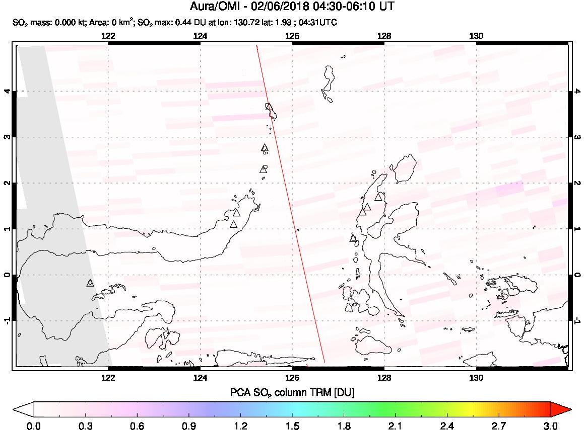 A sulfur dioxide image over Northern Sulawesi & Halmahera, Indonesia on Feb 06, 2018.