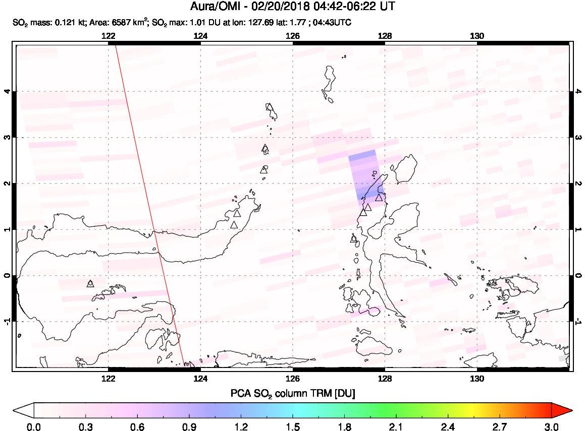 A sulfur dioxide image over Northern Sulawesi & Halmahera, Indonesia on Feb 20, 2018.