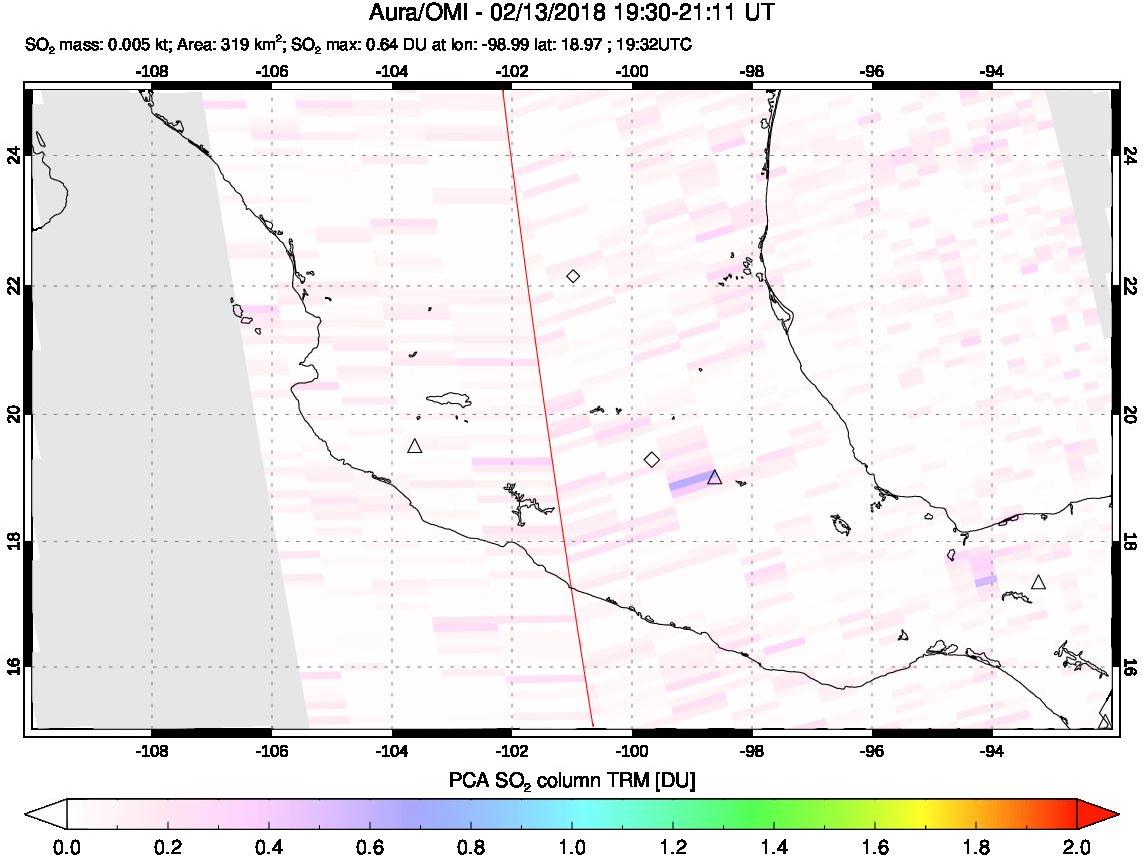 A sulfur dioxide image over Mexico on Feb 13, 2018.