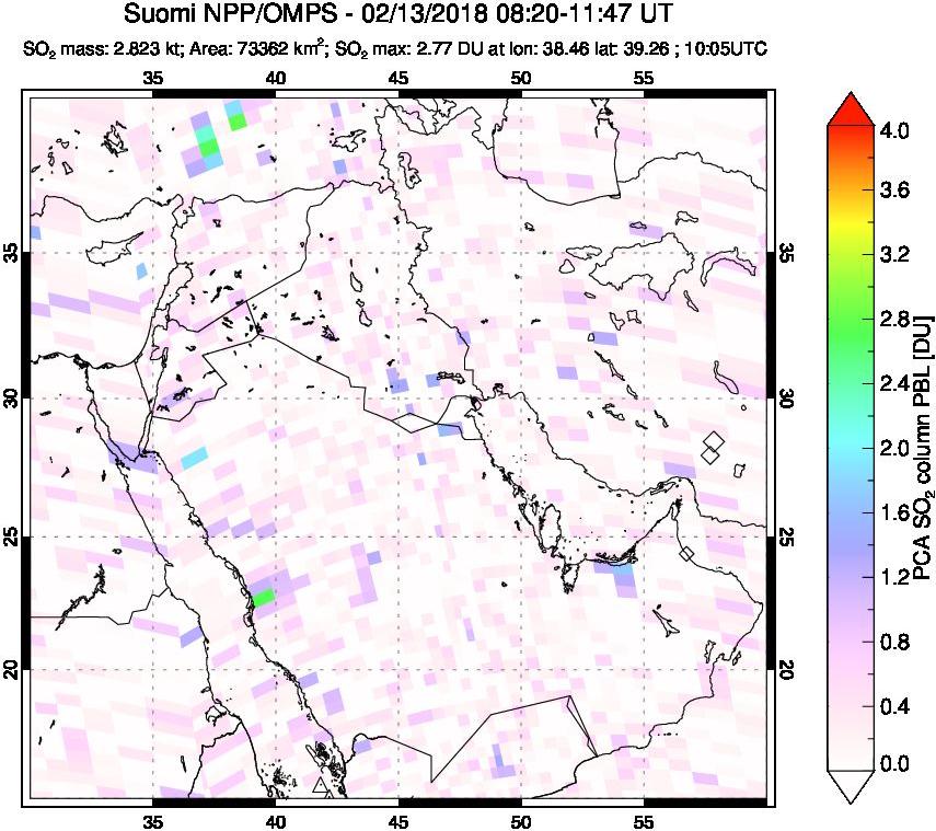 A sulfur dioxide image over Middle East on Feb 13, 2018.