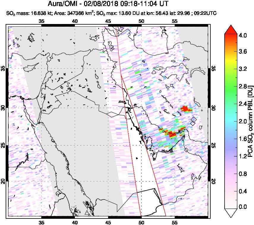 A sulfur dioxide image over Middle East on Feb 08, 2018.