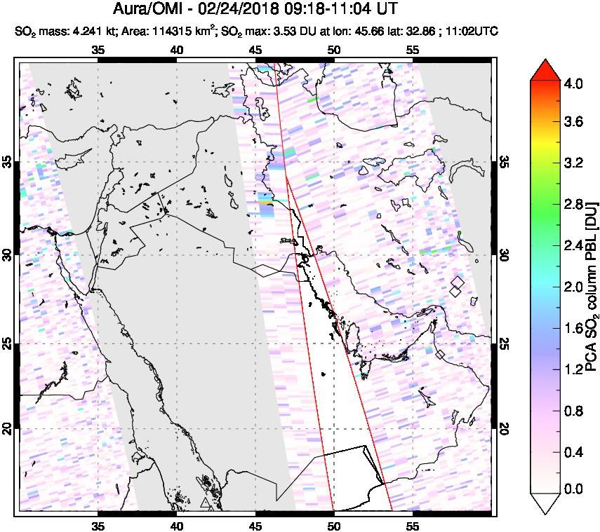 A sulfur dioxide image over Middle East on Feb 24, 2018.