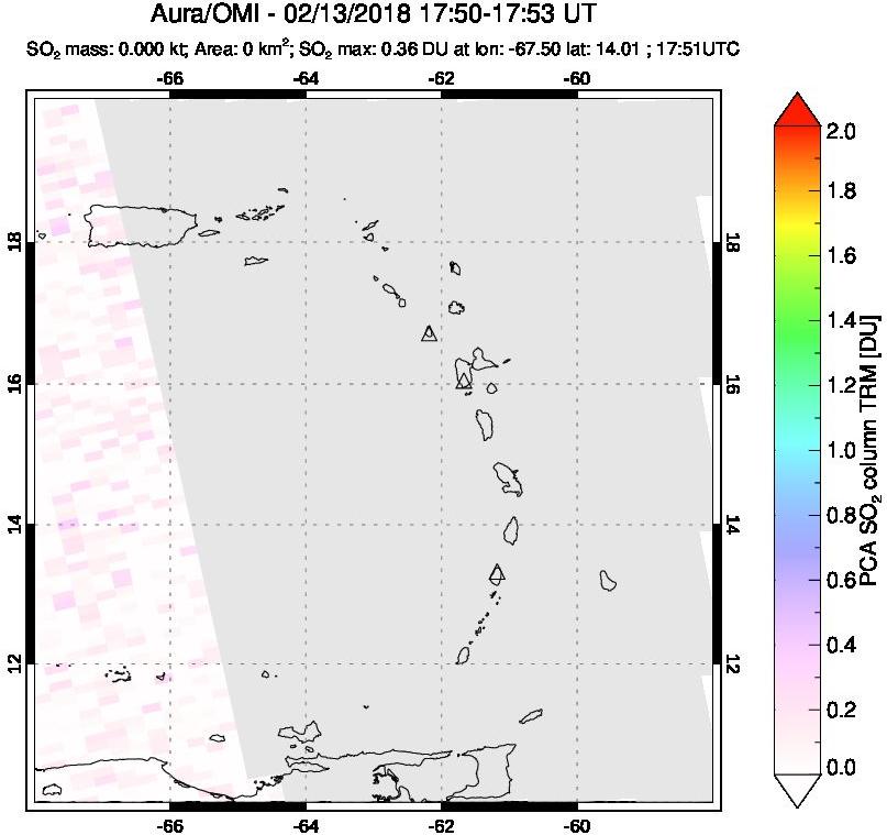 A sulfur dioxide image over Montserrat, West Indies on Feb 13, 2018.