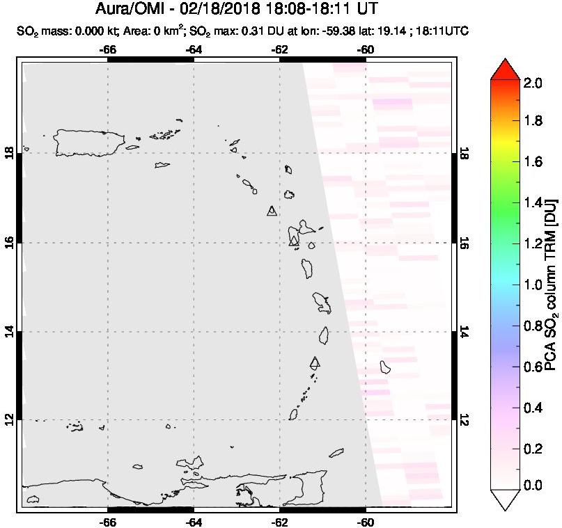 A sulfur dioxide image over Montserrat, West Indies on Feb 18, 2018.